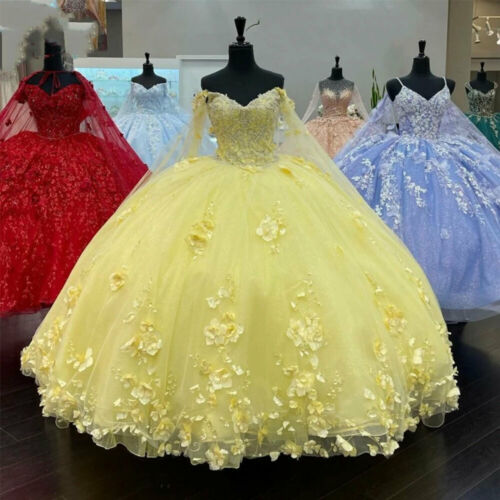 Lace Appliques Quinceanera Dresses Ball Gown Off Shoulder 3D Flowers Sweet 15 16