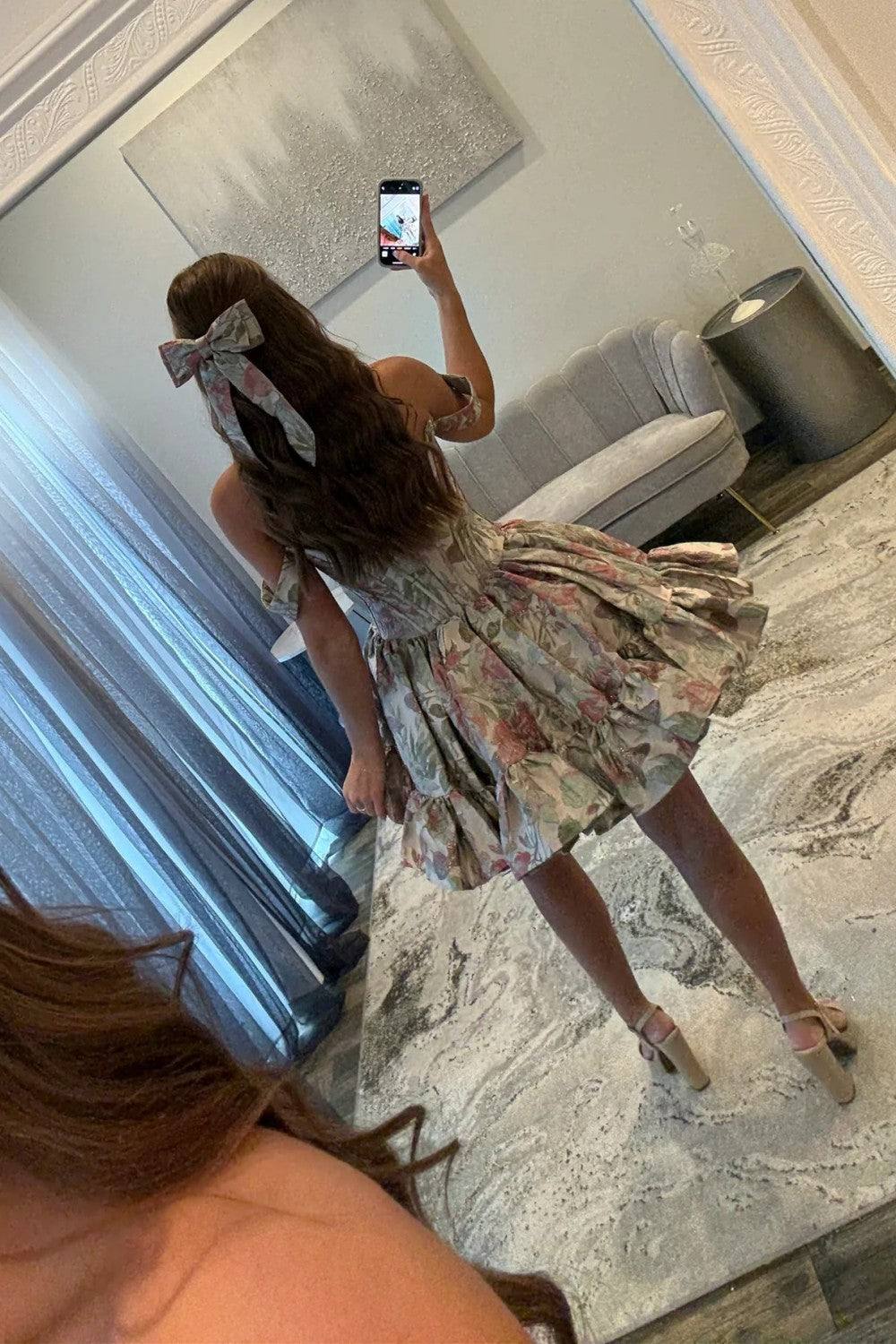 Modern A Line Off the Shoulder Lilac Printed Short Homecoming Dress