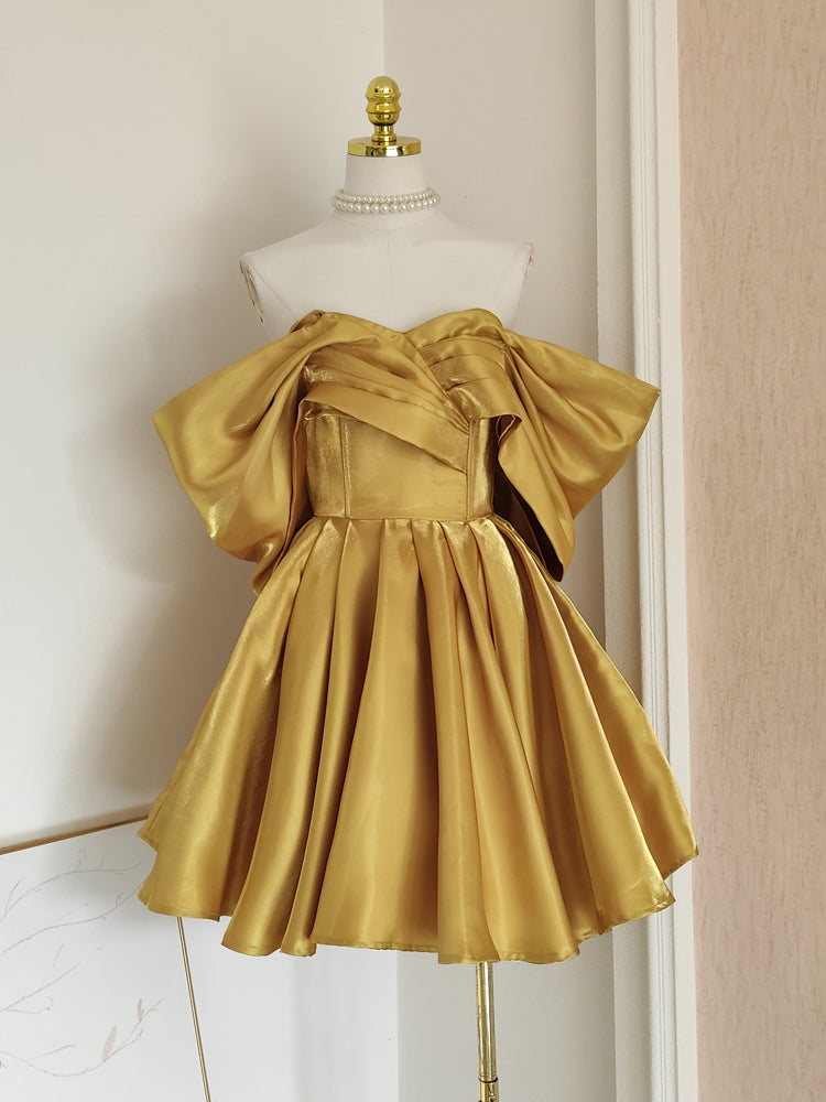 Sexy A line Off The Shoulder Yellow Satin Travel Vacation Dresses Short Birthday Dress