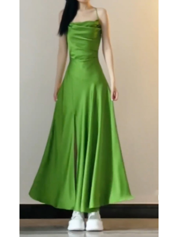 Sexy A line Spaghetti Straps Green Holiday Dress Satin Birthday Dresses Birthday Outfits