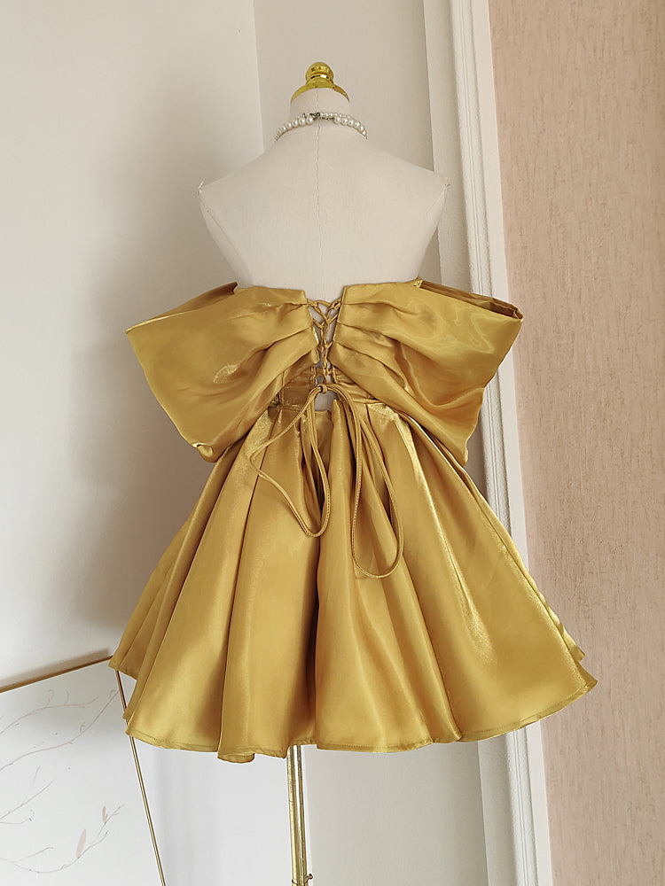 Sexy A line Off The Shoulder Yellow Satin Travel Vacation Dresses Short Birthday Dress