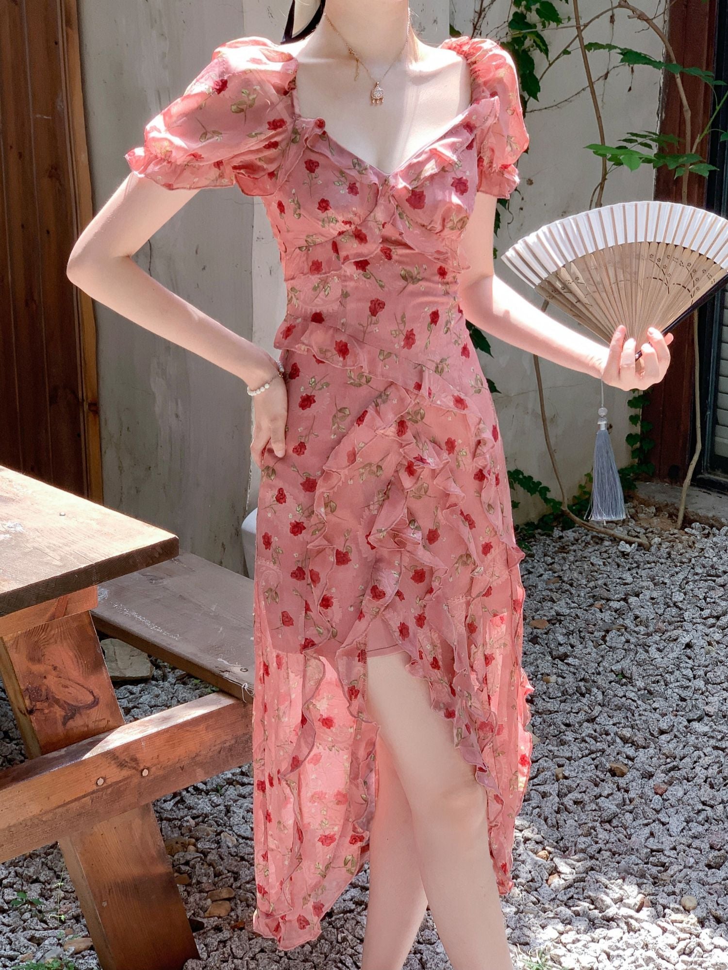 Cute Sheath V Neckline Ruffled Pink Chiffon Floral Beach Dress Women's Vacation Dresses