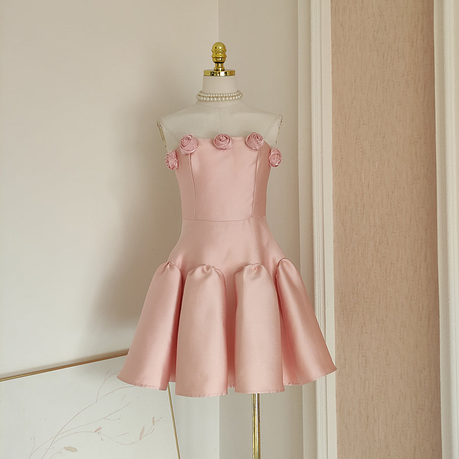 Cute A line Strapless Pink Satin Travel Vacation Dresses Short Birthday Dress