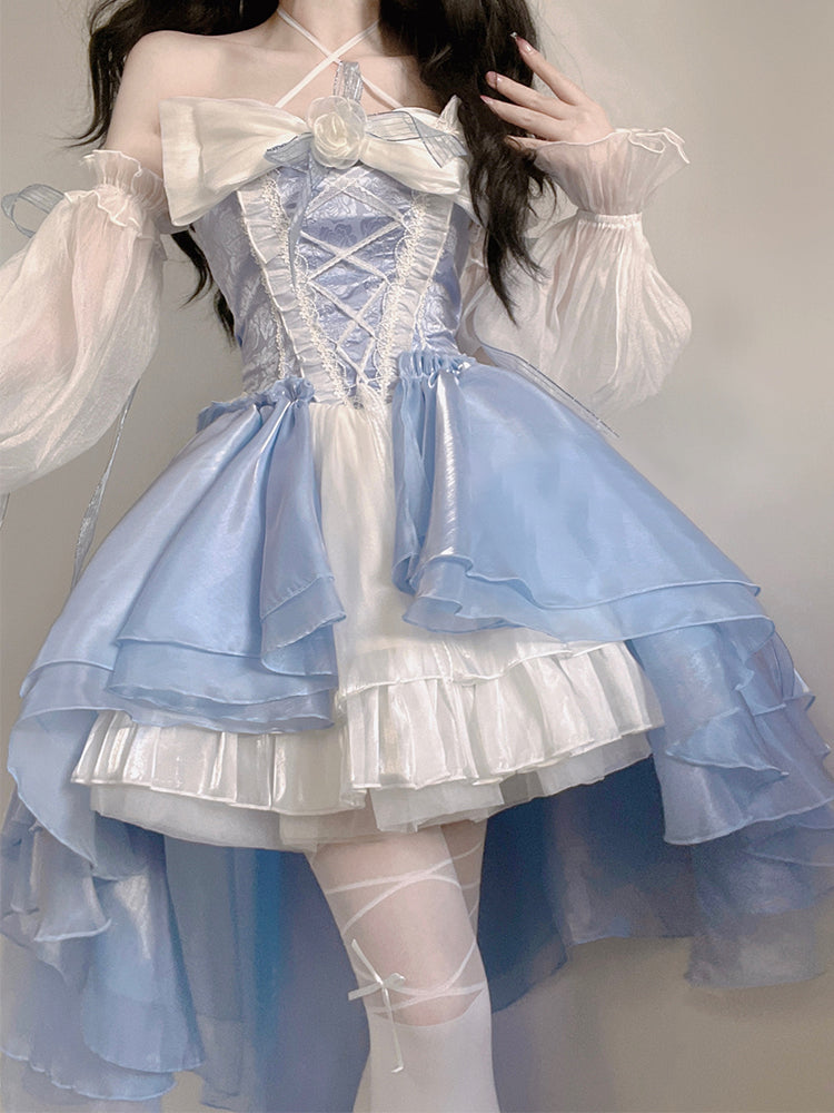 Modest Ball Gown Strapless Blue Organza Floral Holiday Lolita Dress Birthday Dresses Birthday Outfits