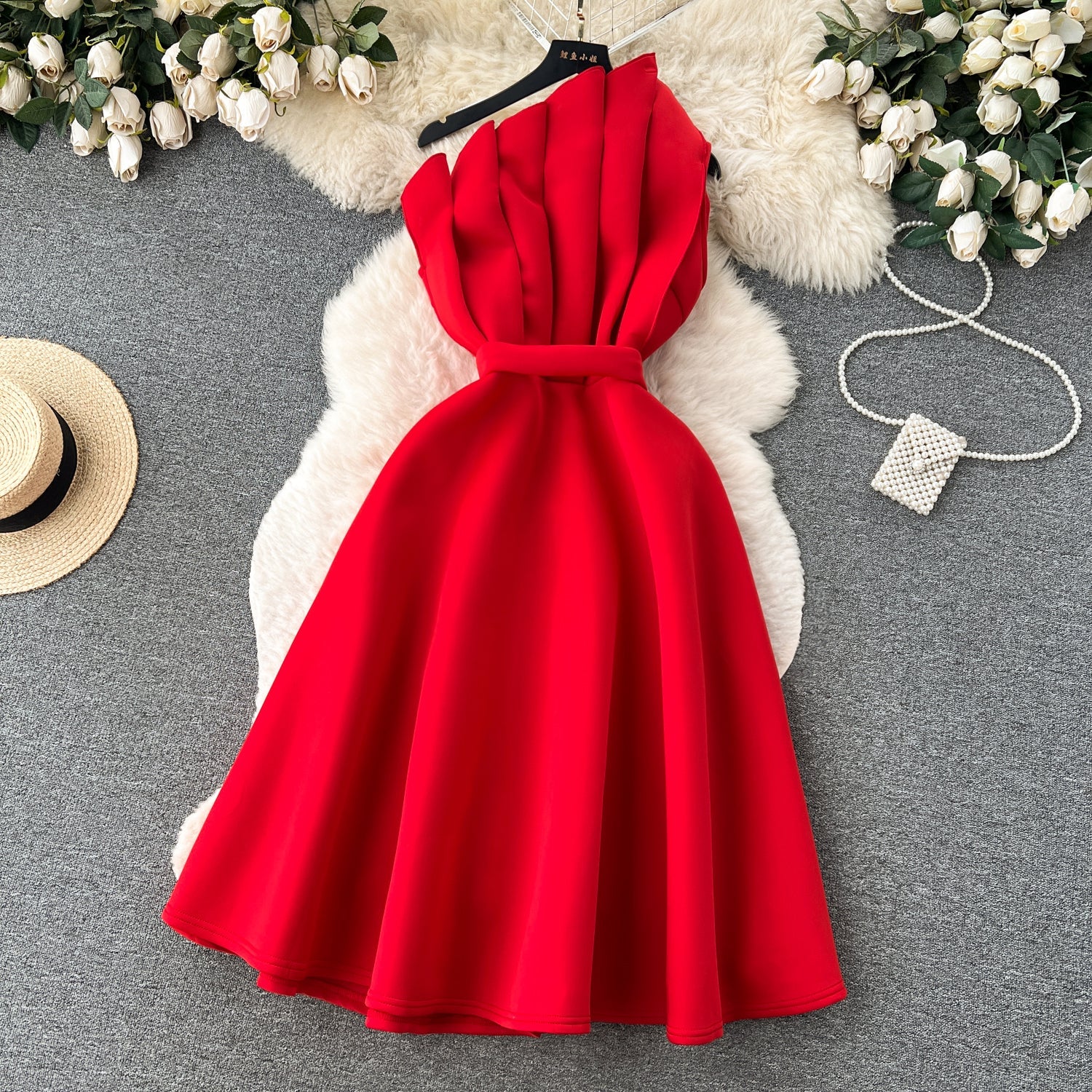 Simple A line One Shoulder Ruffles Holiday Dresses Midi Length Women's Dress