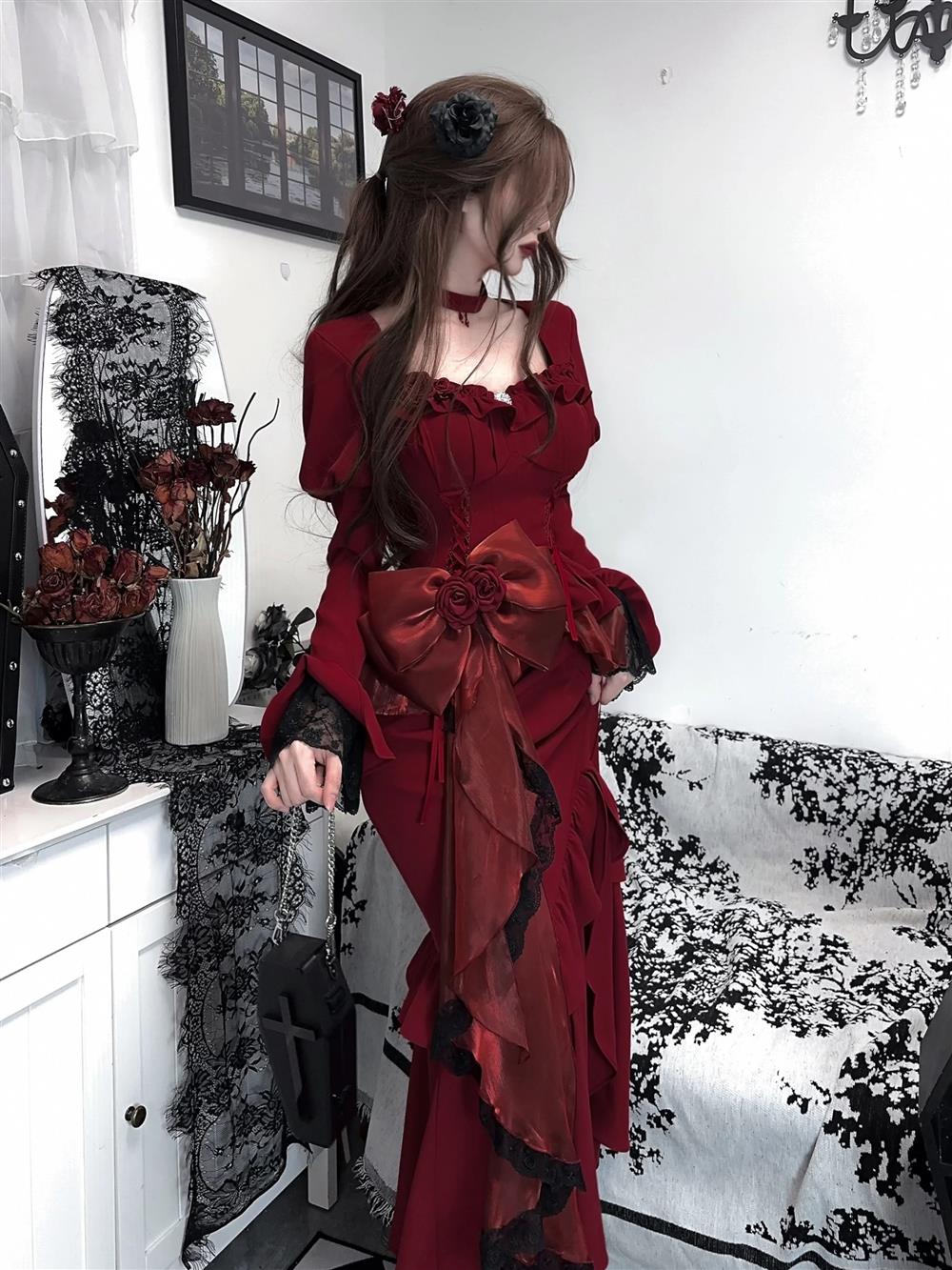 Princess Mermaid Sweetheart Lolita Dress Christmas Dress Burgundy Birthday Dresses