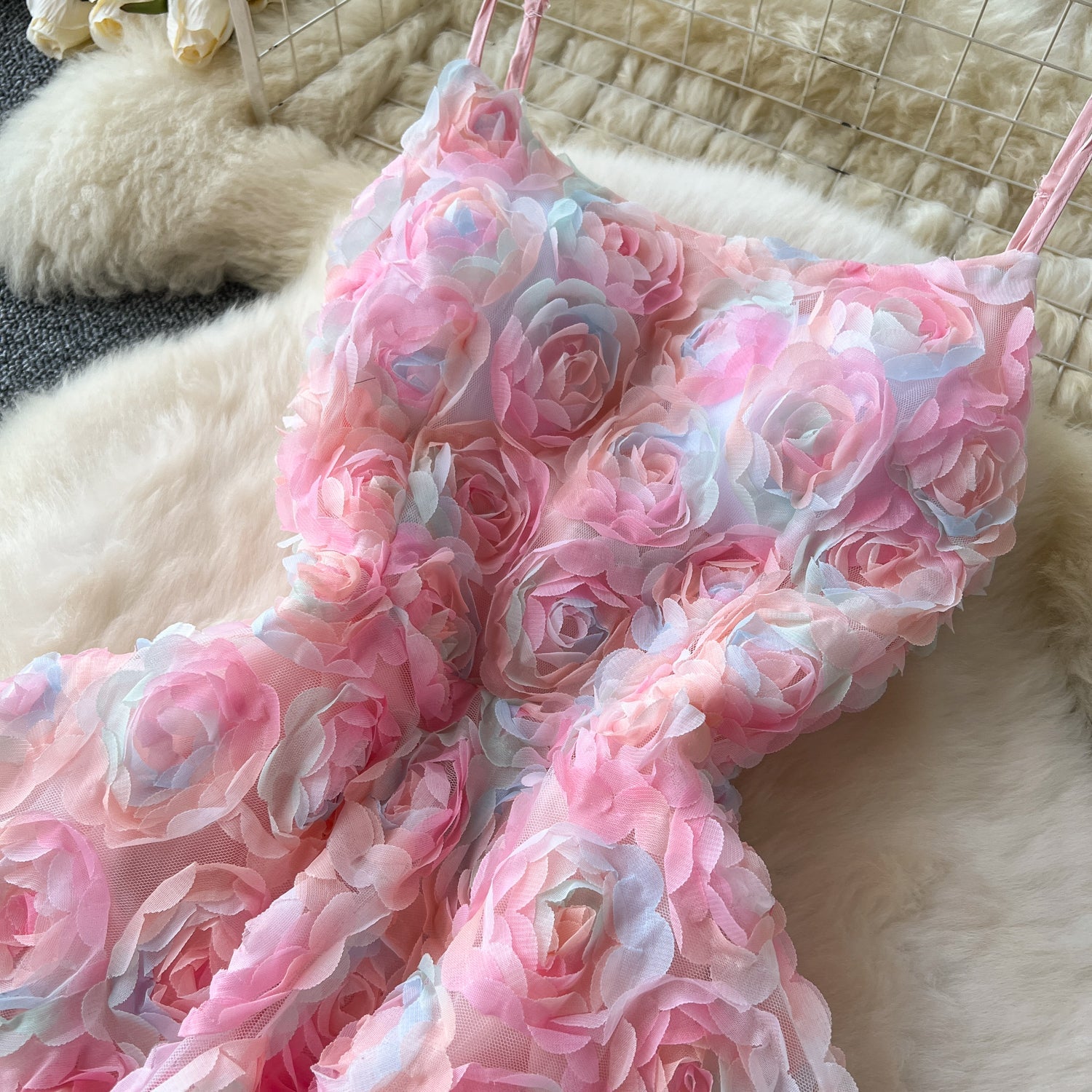 Cute A line Spaghetti Straps Pink Floral Holiday Dresses Midi Length Women's Dress