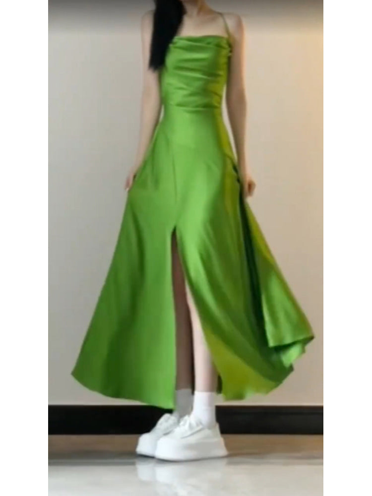 Sexy A line Spaghetti Straps Green Holiday Dress Satin Birthday Dresses Birthday Outfits