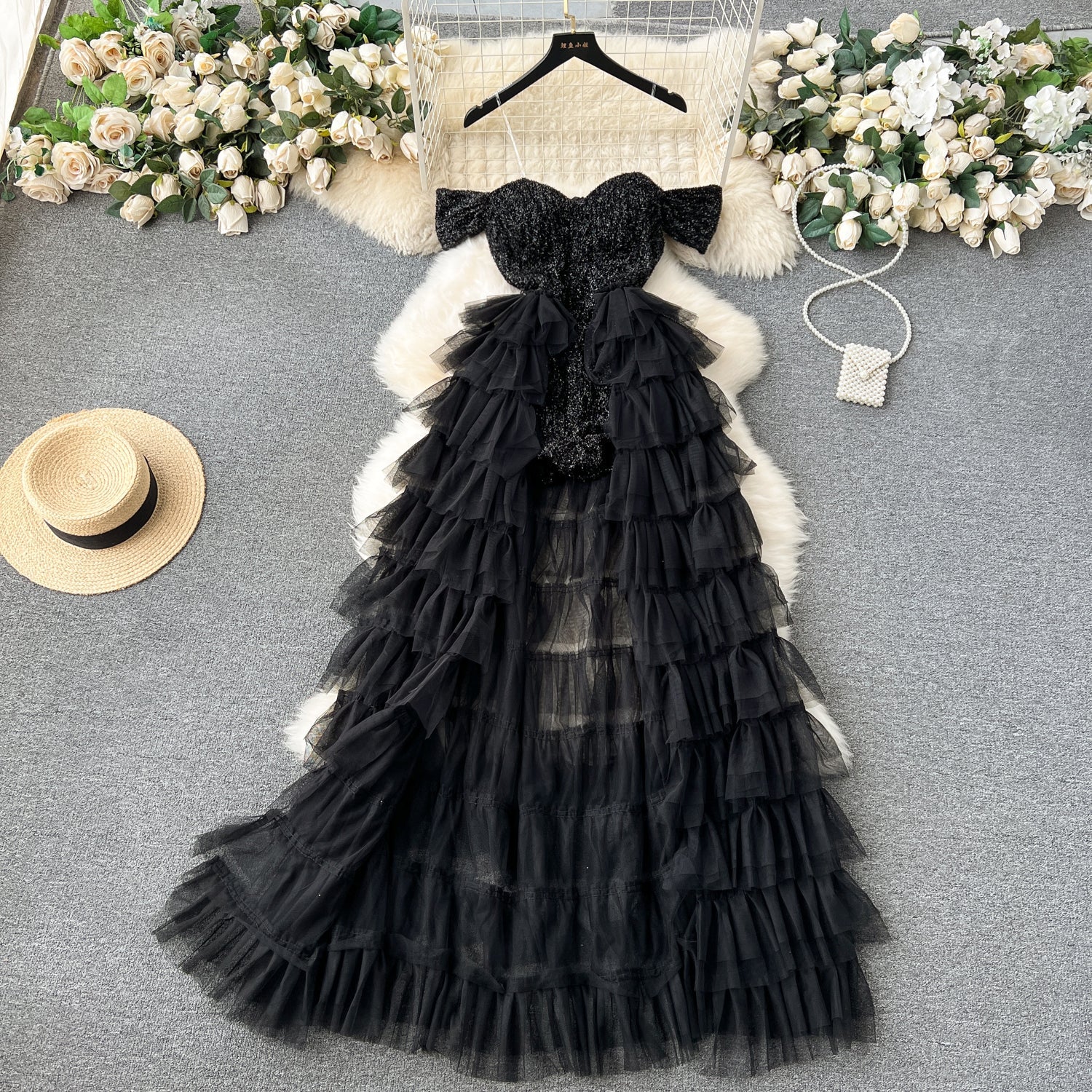 Chic A line Off The Shoulder Tulle Short Sleeves Black Tulle Holiday Dresses Ruffles Women Dress