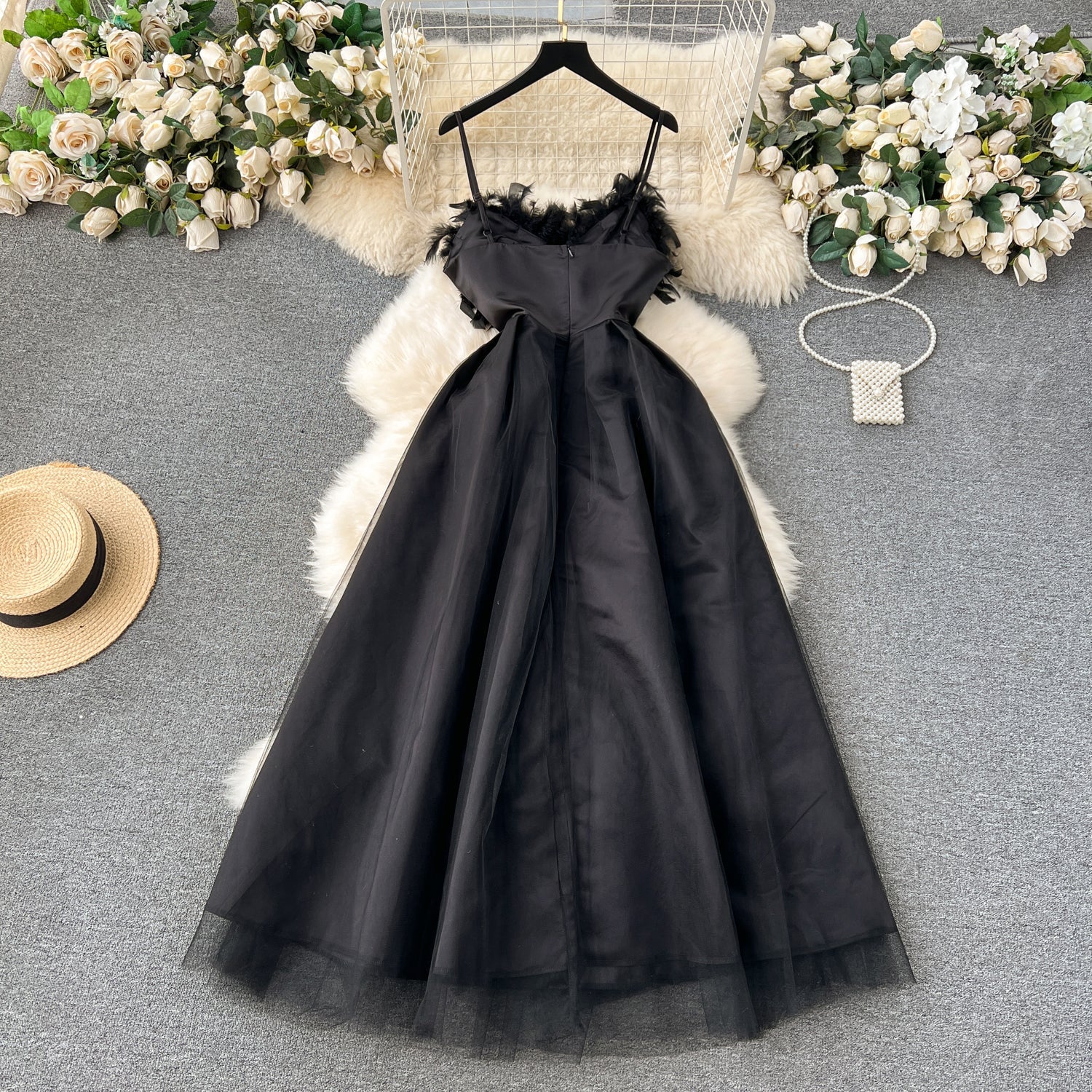 Chic A line Spaghetti Straps Black Tulle Holiday Dresses Feather Women's Dress