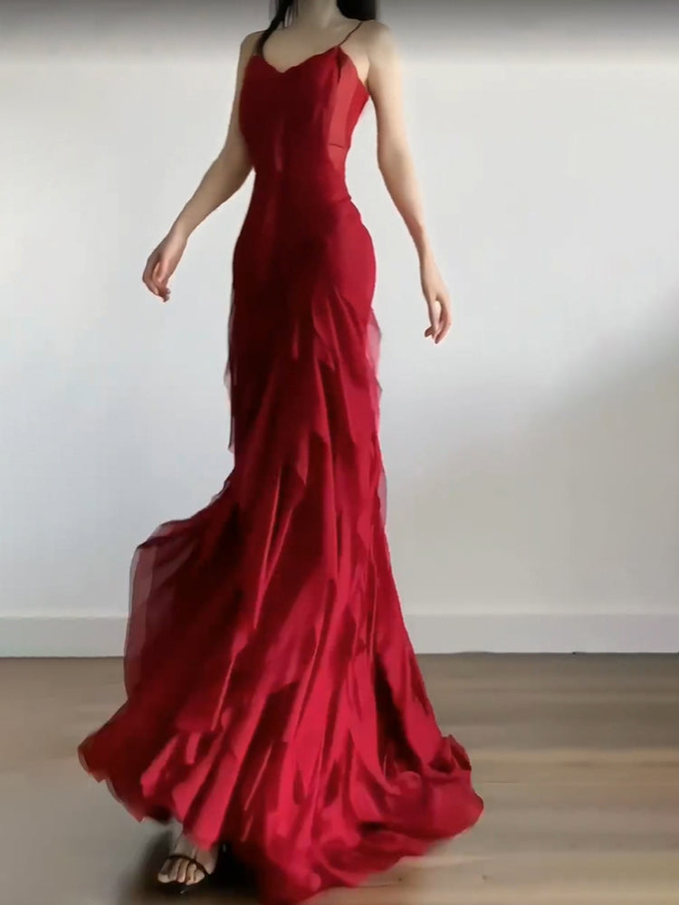 Sexy Mermaid Spaghetti Straps Red Chiffon Ruffles Birthday Dresses Long Prom Dress