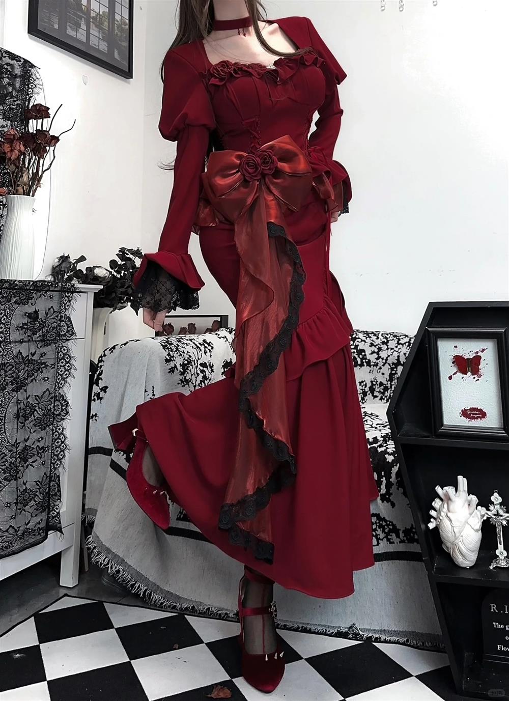 Princess Mermaid Sweetheart Lolita Dress Christmas Dress Burgundy Birthday Dresses
