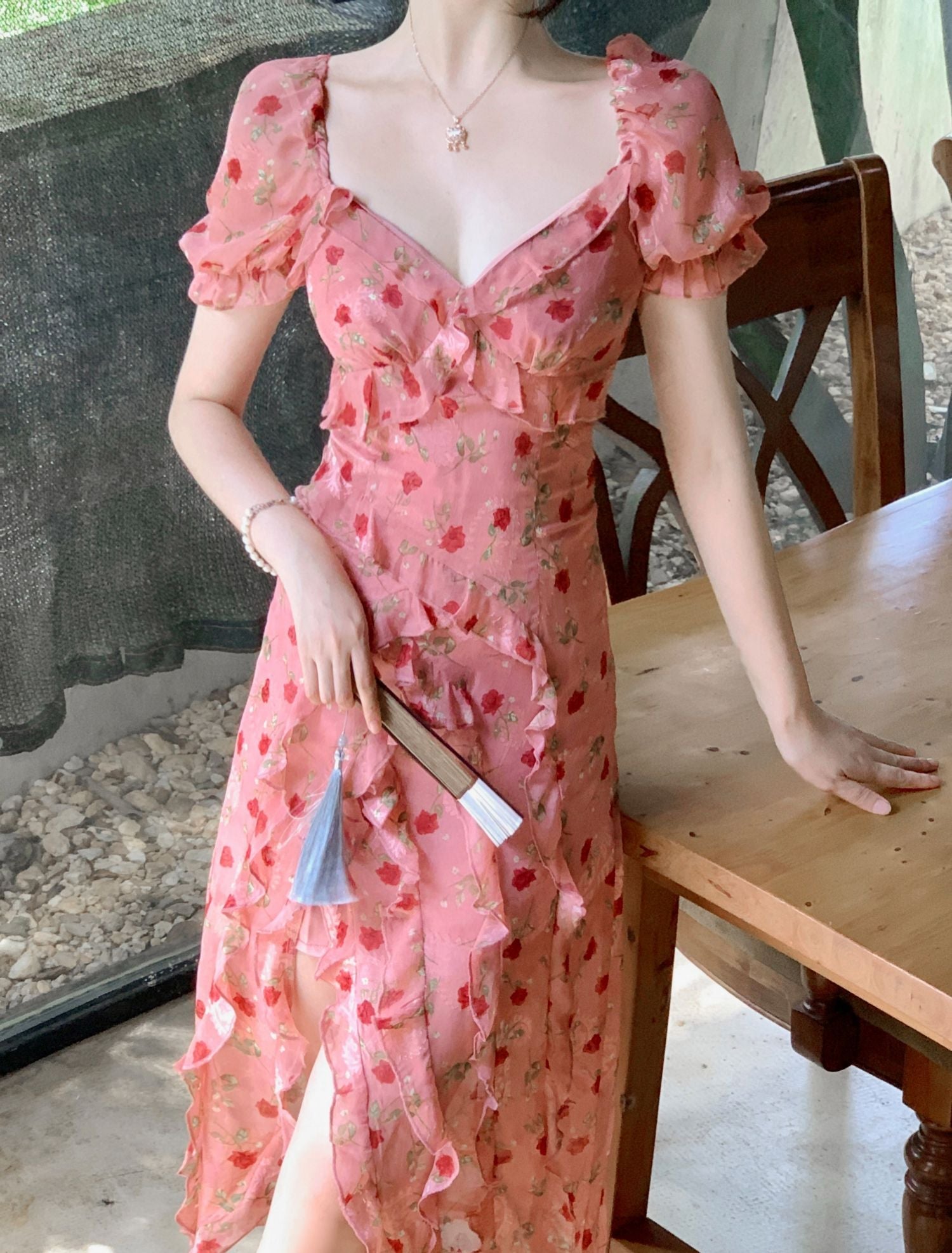 Cute Sheath V Neckline Ruffled Pink Chiffon Floral Beach Dress Women's Vacation Dresses