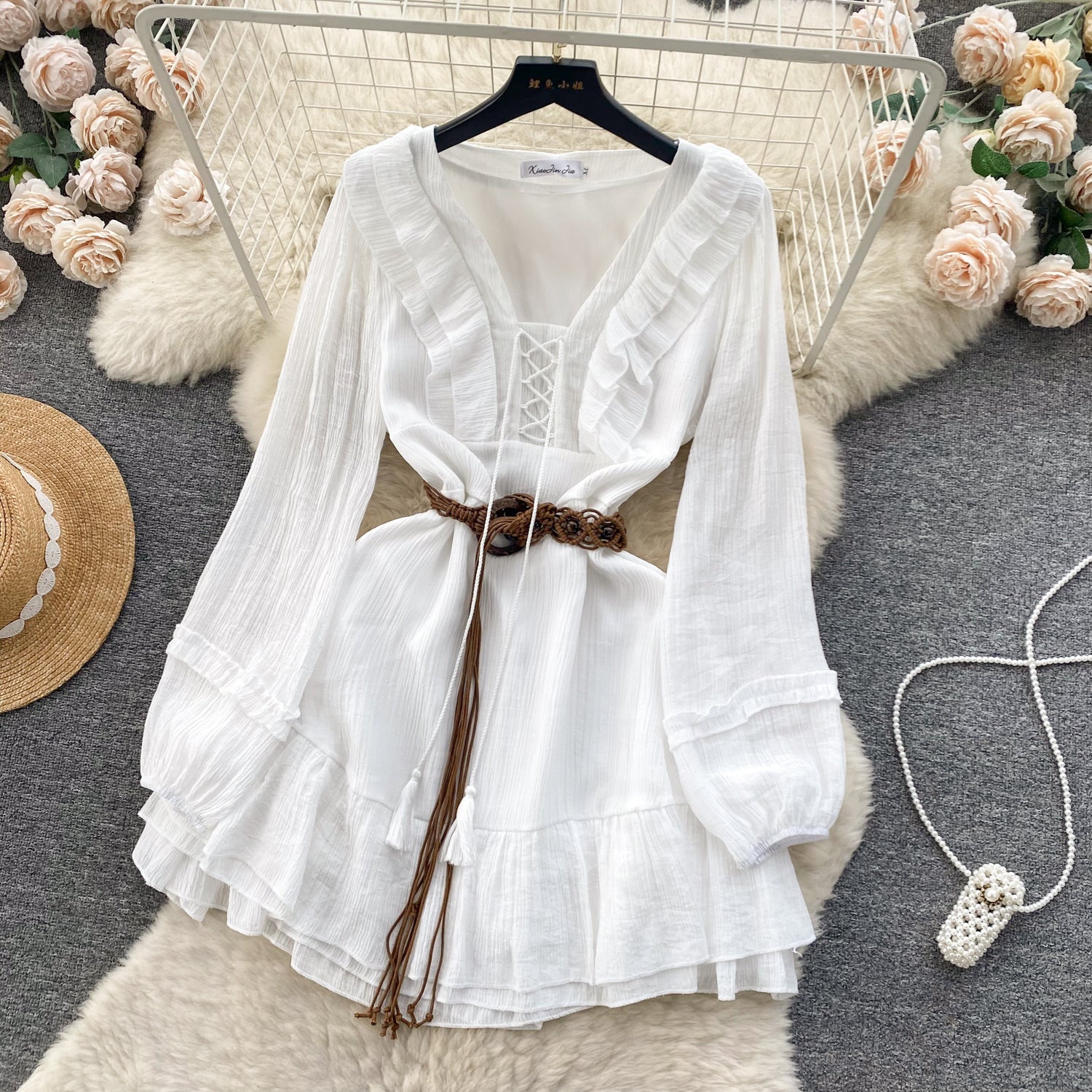 Vintage A line V Neckline Long Sleeves White Holiday Dresses Women's Dress