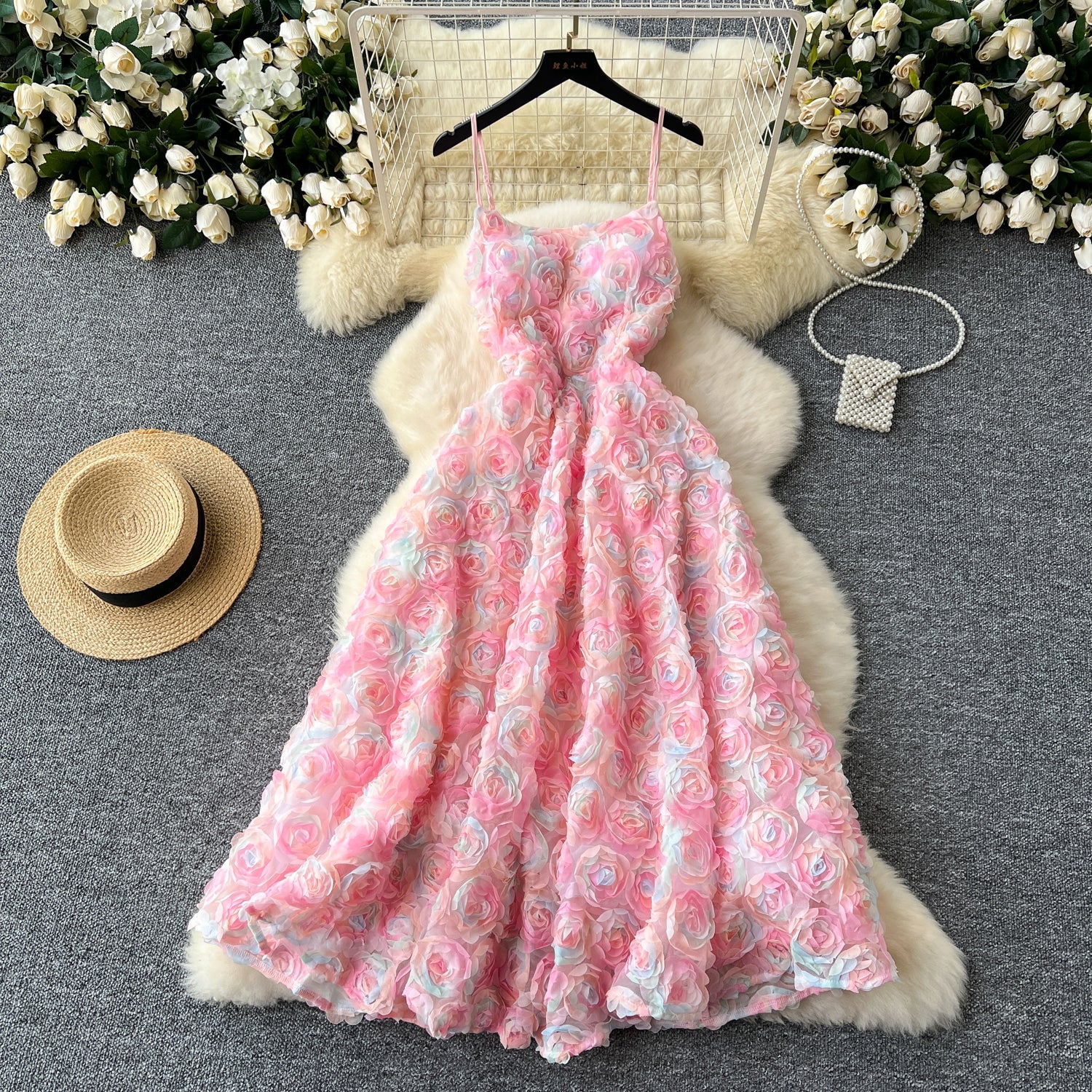 Cute A line Spaghetti Straps Pink Floral Holiday Dresses Midi Length Women's Dress
