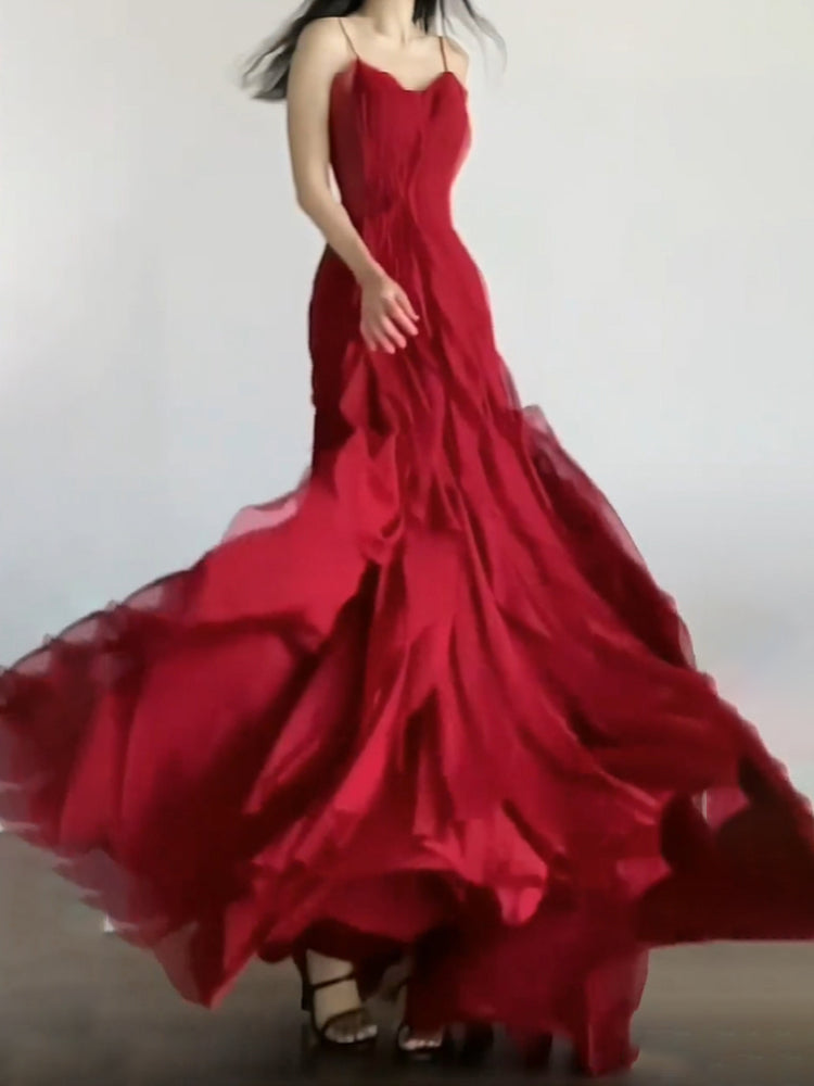 Sexy Mermaid Spaghetti Straps Red Chiffon Ruffles Birthday Dresses Long Prom Dress