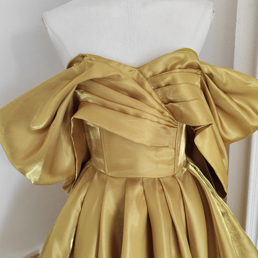 Sexy A line Off The Shoulder Yellow Satin Travel Vacation Dresses Short Birthday Dress