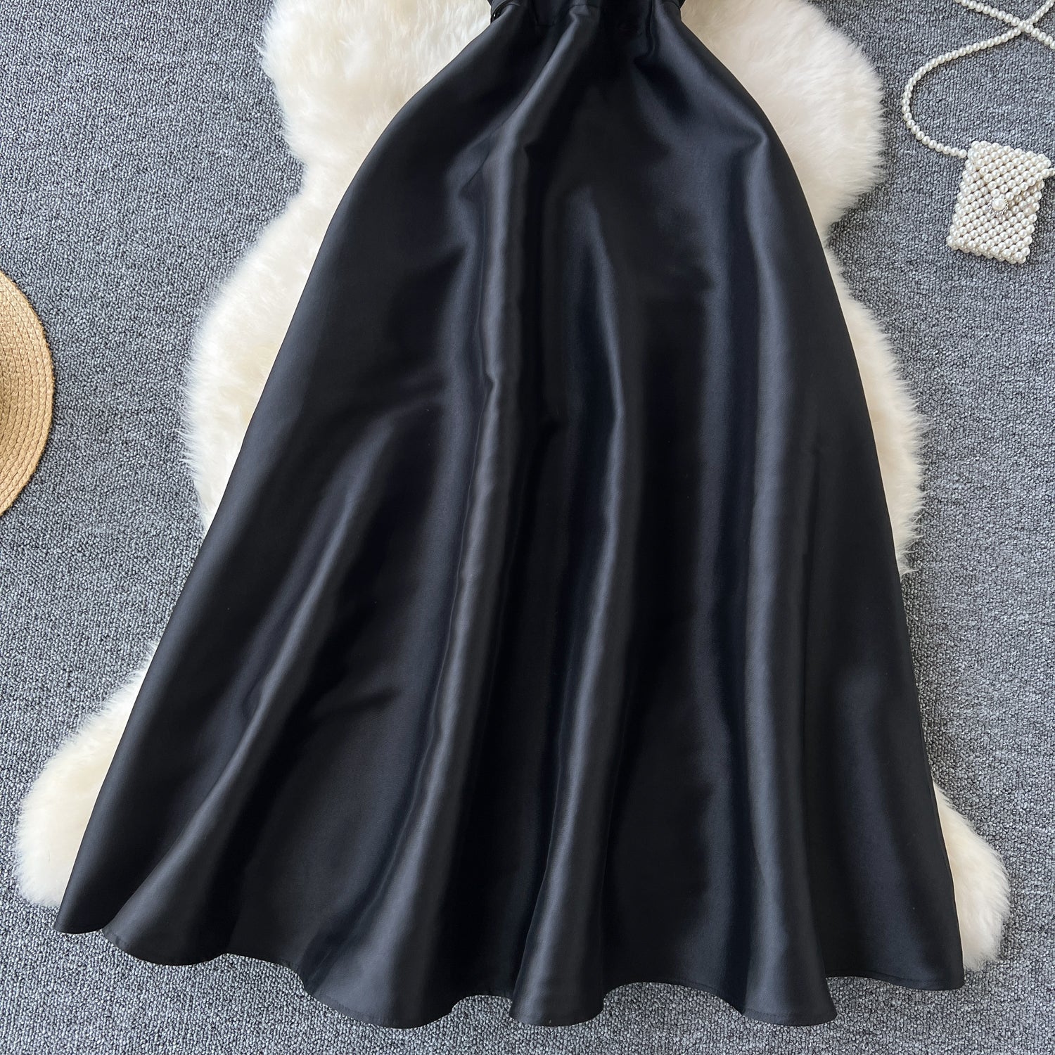 Simple A line Straps Black Satin Holiday Dresses Midi Length Women's Dress
