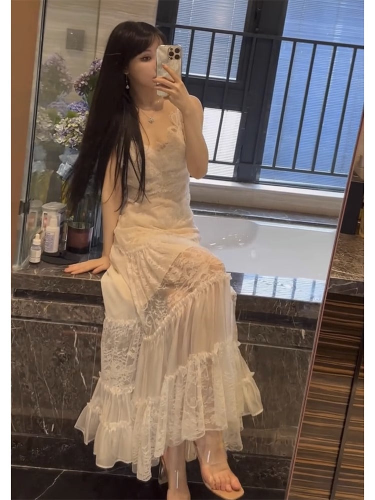 Sexy A line Spaghetti Straps Lace White Chiffon Beach Dress Women's Vacation Dresses