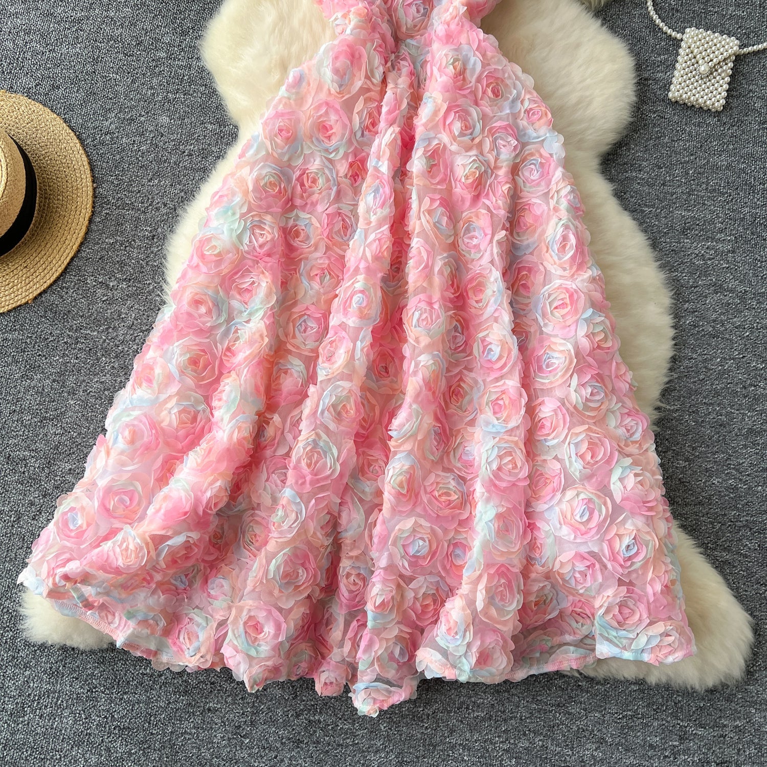 Cute A line Spaghetti Straps Pink Floral Holiday Dresses Midi Length Women's Dress