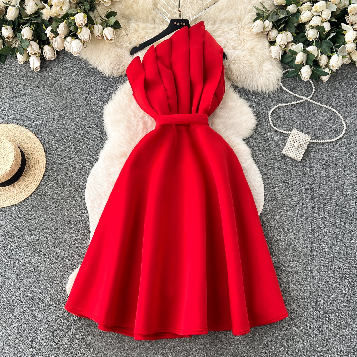 Simple A line One Shoulder Ruffles Holiday Dresses Midi Length Women's Dress