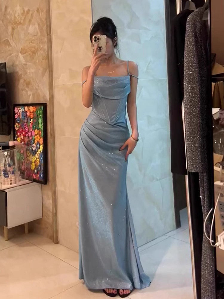 Retro Mermaid Spaghetti Straps Blue Sequin Prom Dresses Birthday Outfits With Ruffle