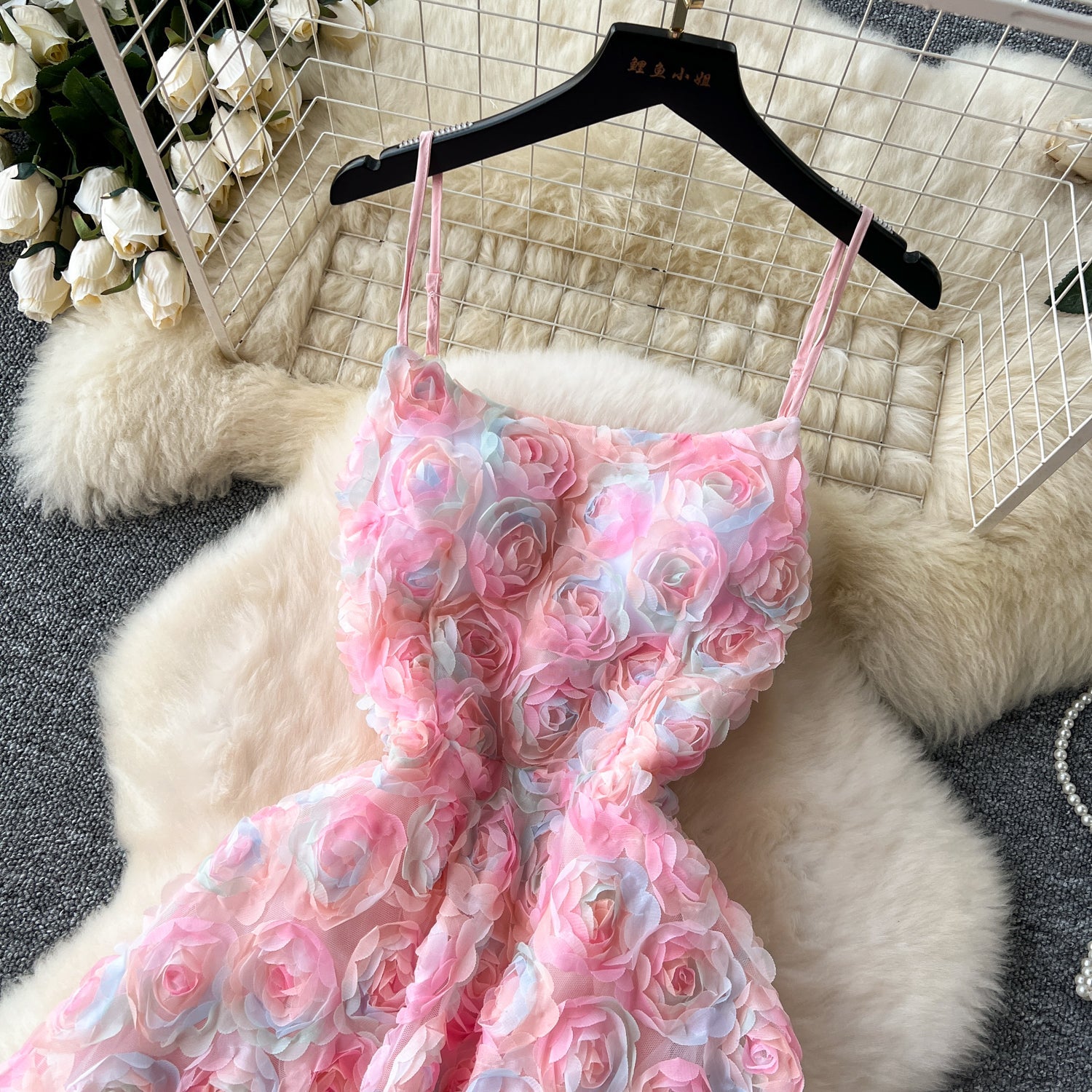 Cute A line Spaghetti Straps Pink Floral Holiday Dresses Midi Length Women's Dress