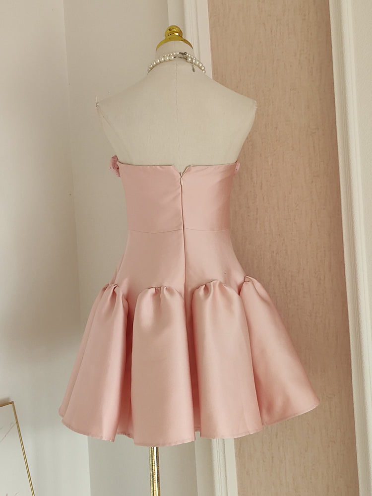 Cute A line Strapless Pink Satin Travel Vacation Dresses Short Birthday Dress