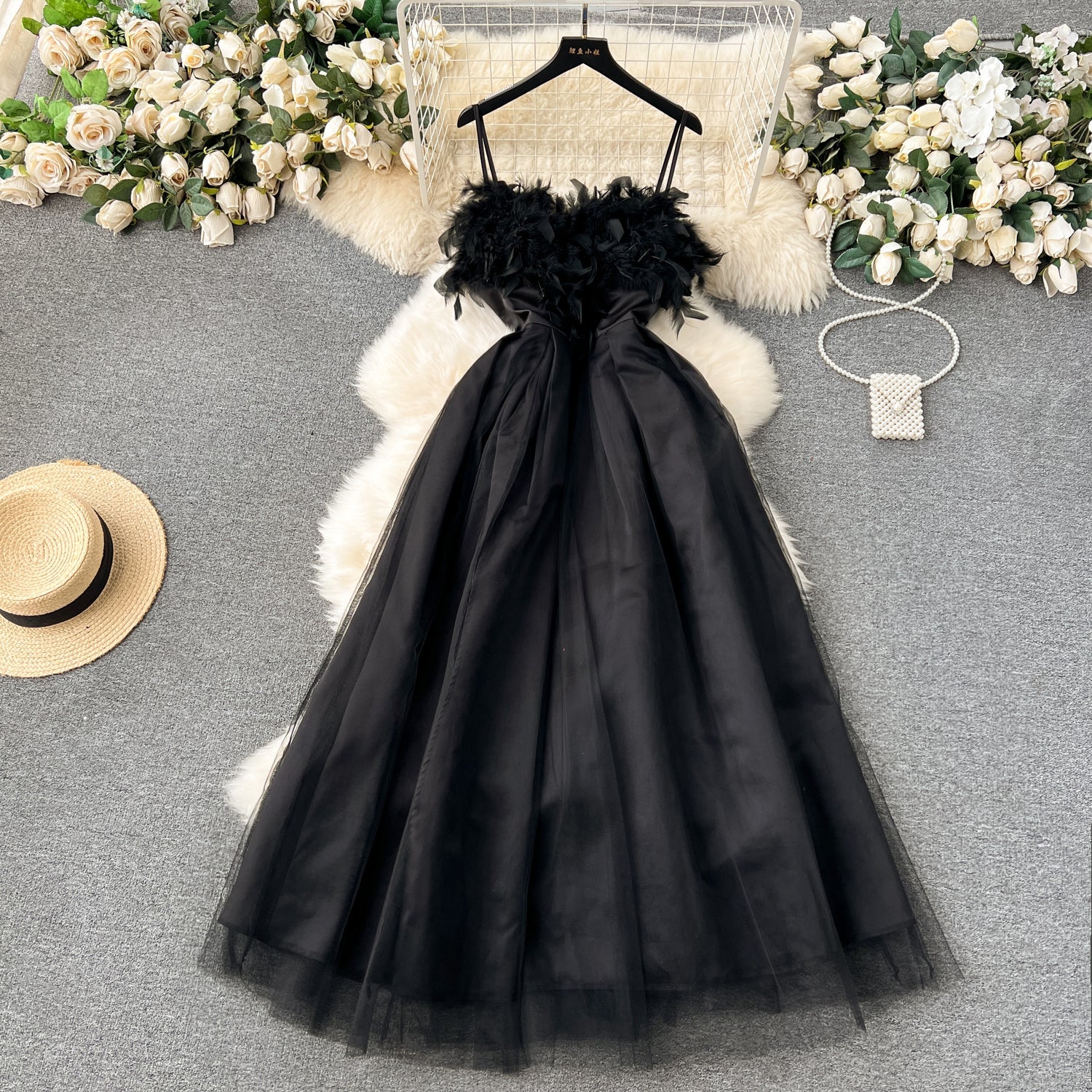 Chic A line Spaghetti Straps Black Tulle Holiday Dresses Feather Women's Dress