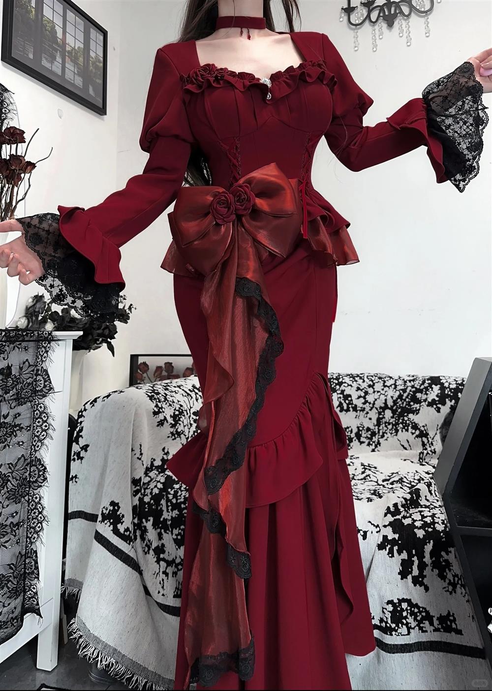Princess Mermaid Sweetheart Lolita Dress Christmas Dress Burgundy Birthday Dresses