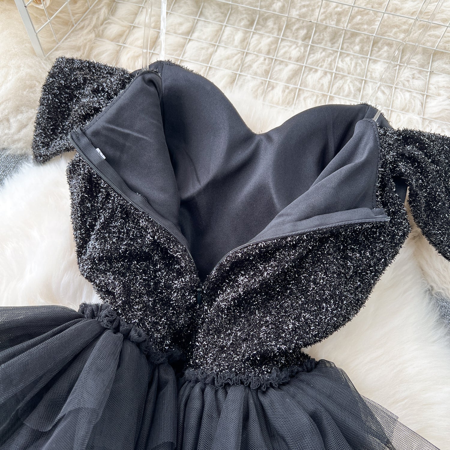 Chic A line Off The Shoulder Tulle Short Sleeves Black Tulle Holiday Dresses Ruffles Women Dress
