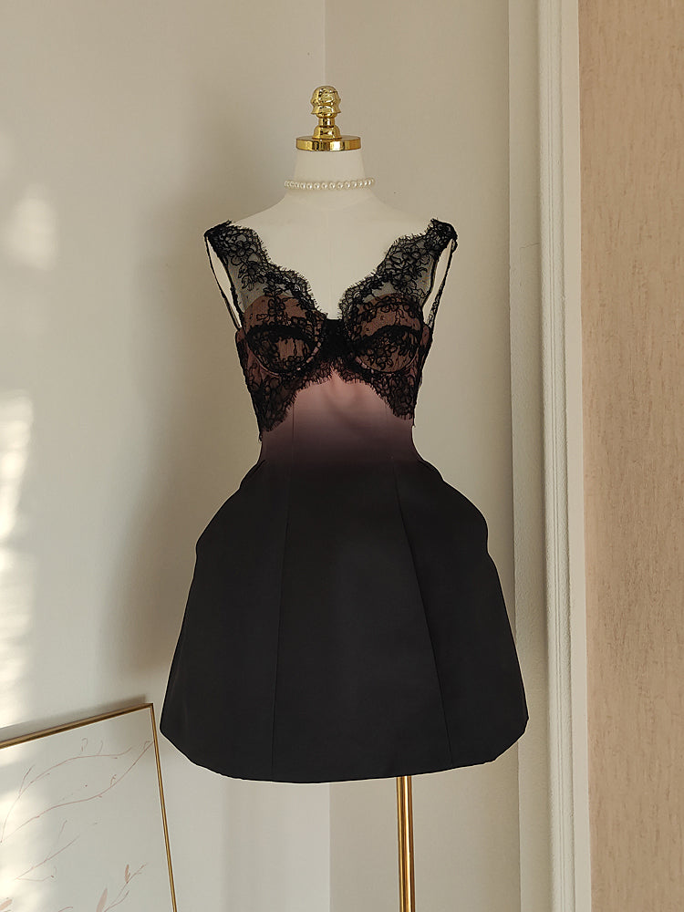 Sexy A line V Neckline Satin Lace Vacation Dresses Short Birthday Dress