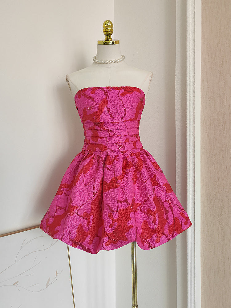 Sexy A line Strapless Satin Pink Floral Vacation Dresses Short Birthday Dress
