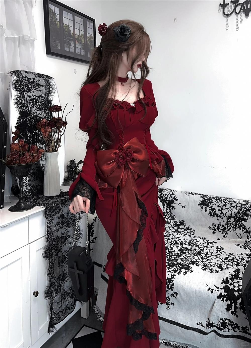 Princess Mermaid Sweetheart Lolita Dress Christmas Dress Burgundy Birthday Dresses