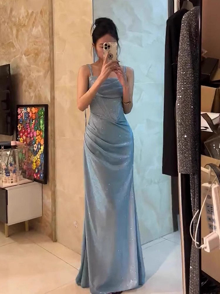 Retro Mermaid Spaghetti Straps Blue Sequin Prom Dresses Birthday Outfits With Ruffle