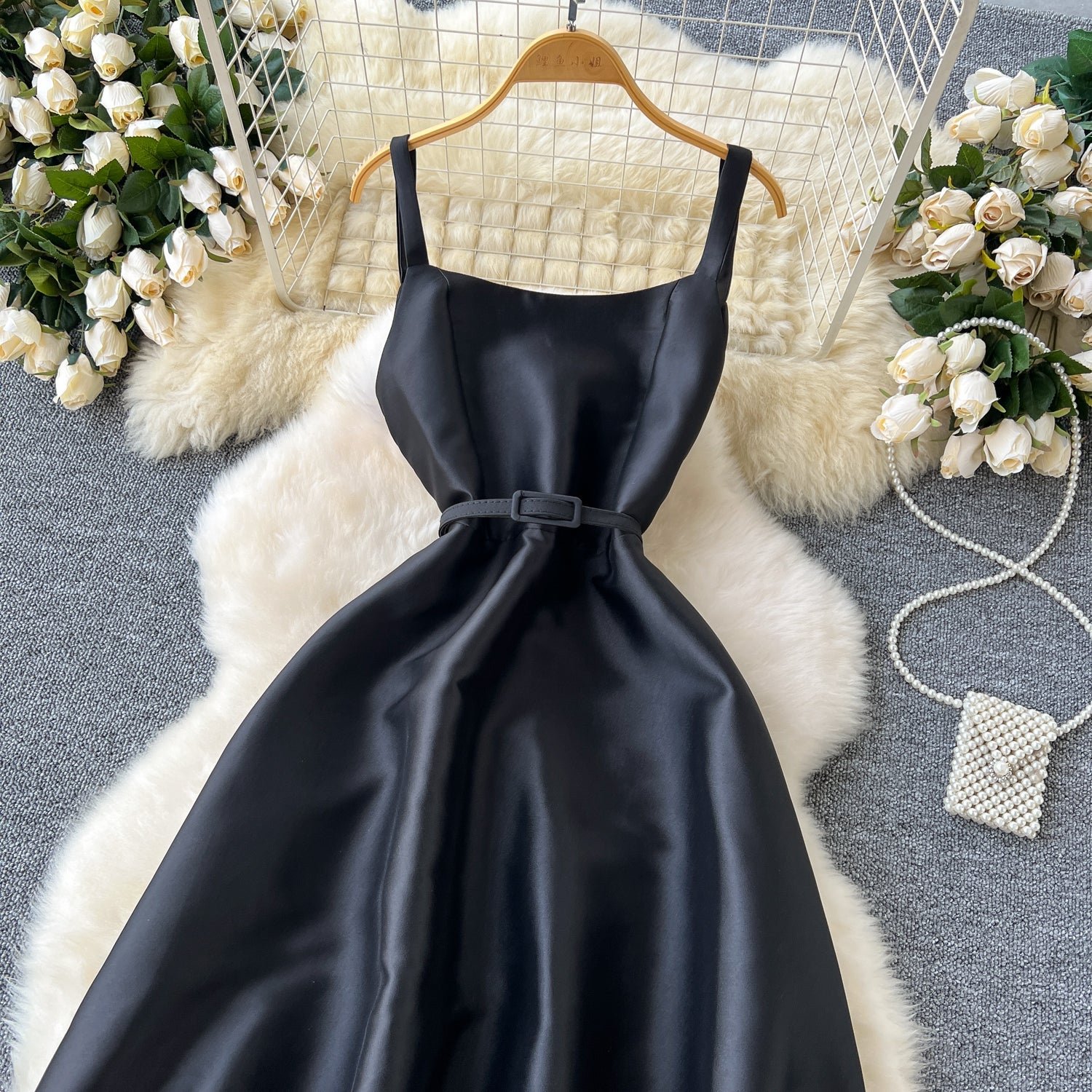Simple A line Straps Black Satin Holiday Dresses Midi Length Women's Dress