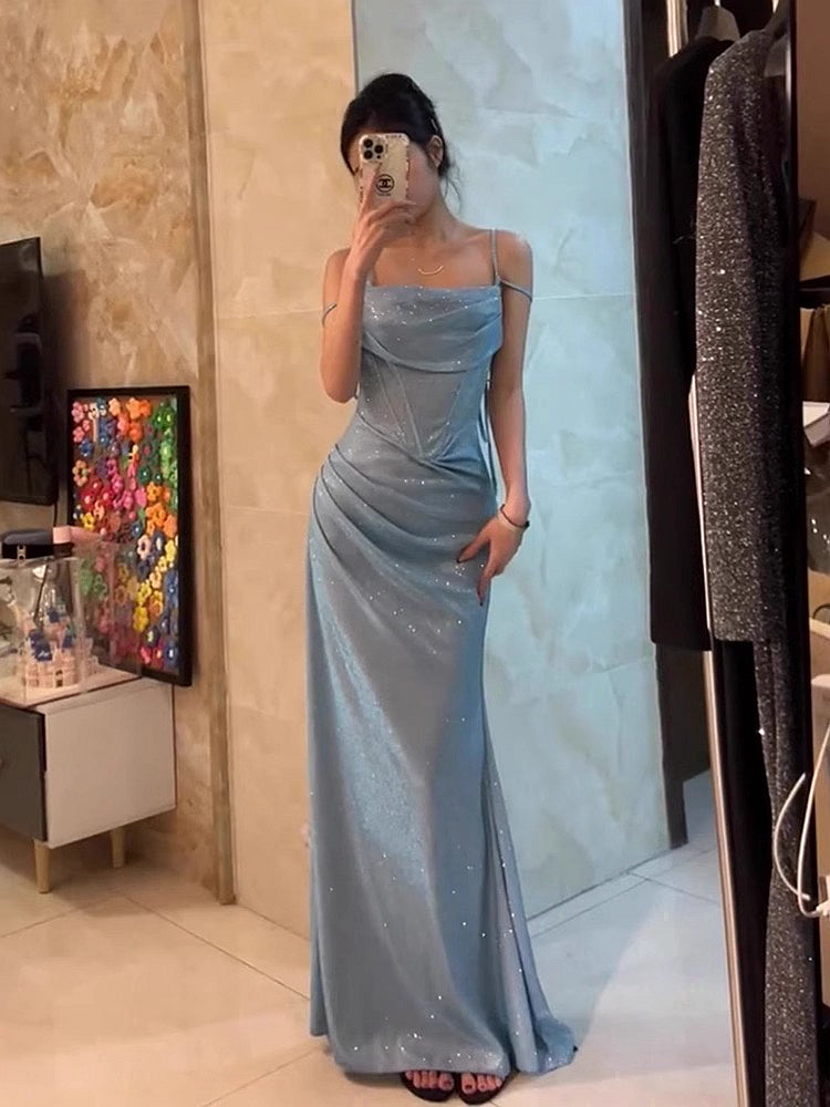 Retro Mermaid Spaghetti Straps Blue Sequin Prom Dresses Birthday Outfits With Ruffle