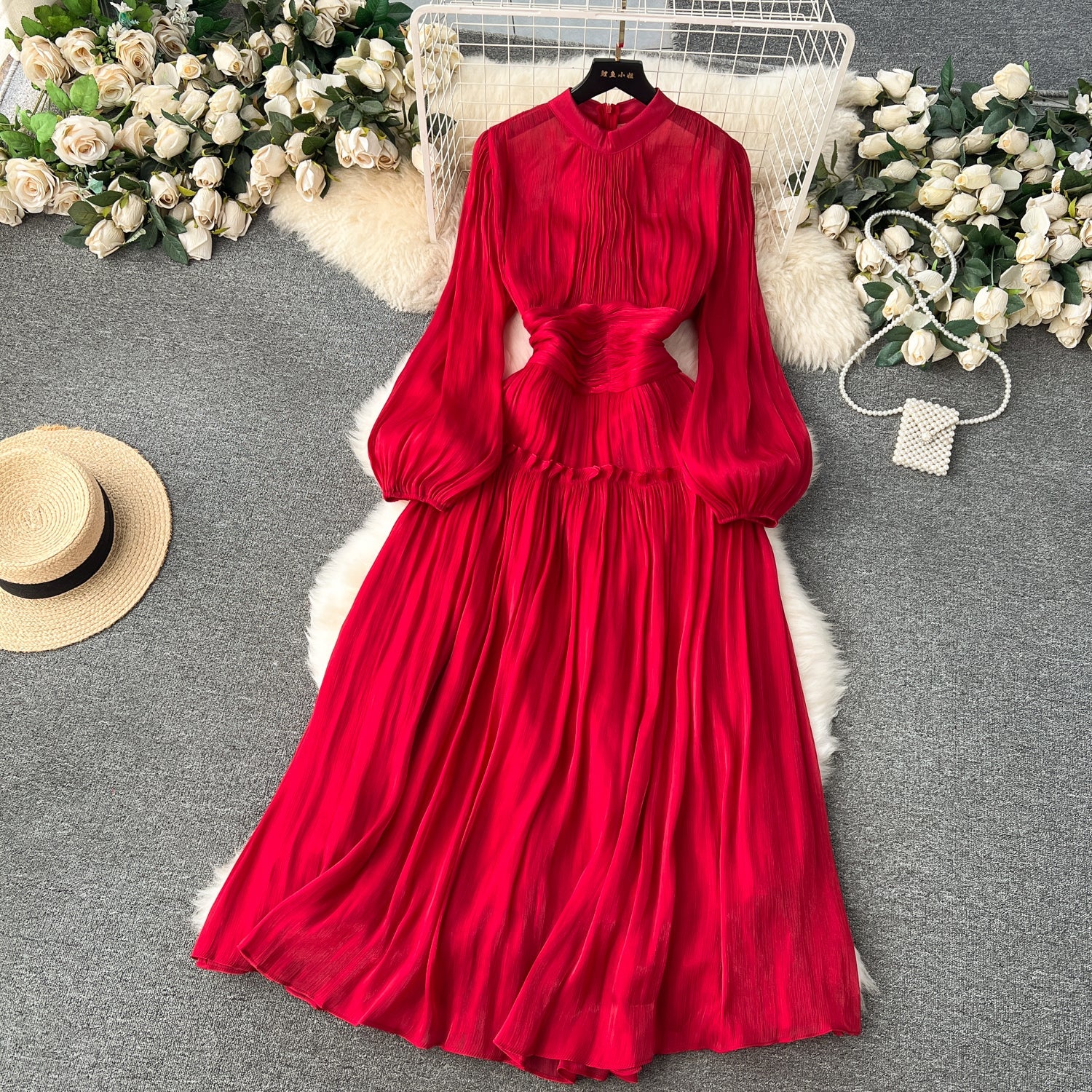 Vintage A line Scoop Long Sleeves Red Holiday Dresses Women's Dress