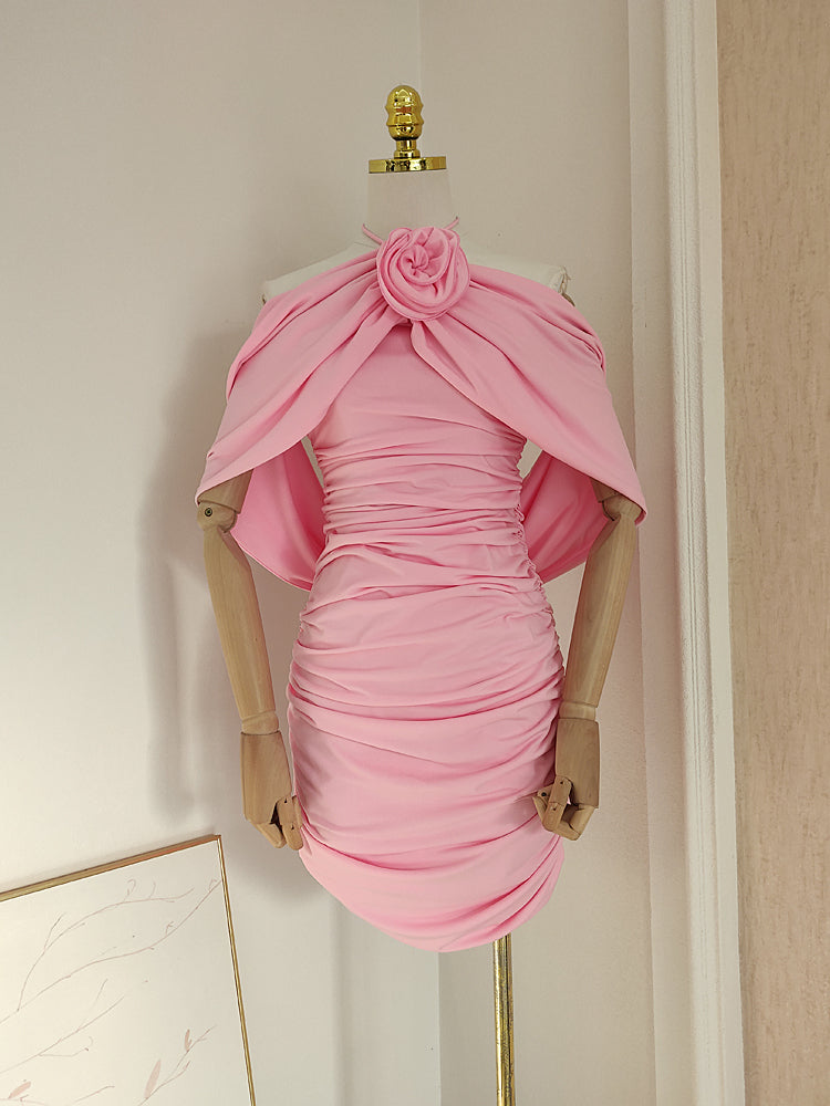 Sexy Sheath Halter Pink Floral Holiday Dress Travel Vacation Dresses Short Birthday Dress