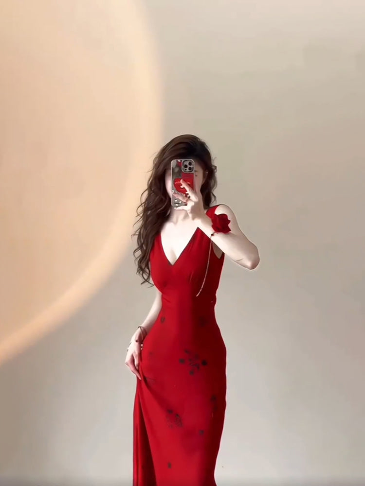 Sexy Mermaid V Neckline Christmas Dress Red Satin Prom Dresses Birthday Outfits