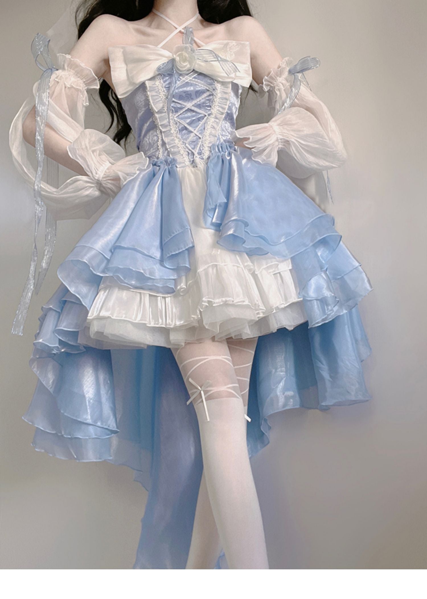 Modest Ball Gown Strapless Blue Organza Floral Holiday Lolita Dress Birthday Dresses Birthday Outfits