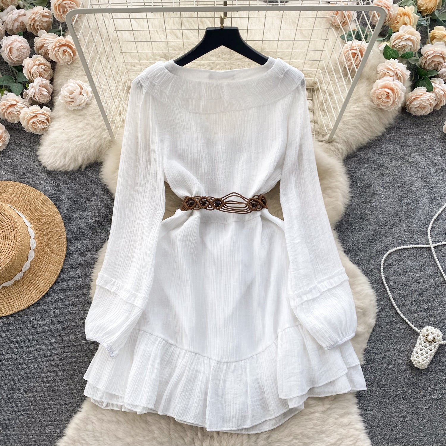 Vintage A line V Neckline Long Sleeves White Holiday Dresses Women's Dress