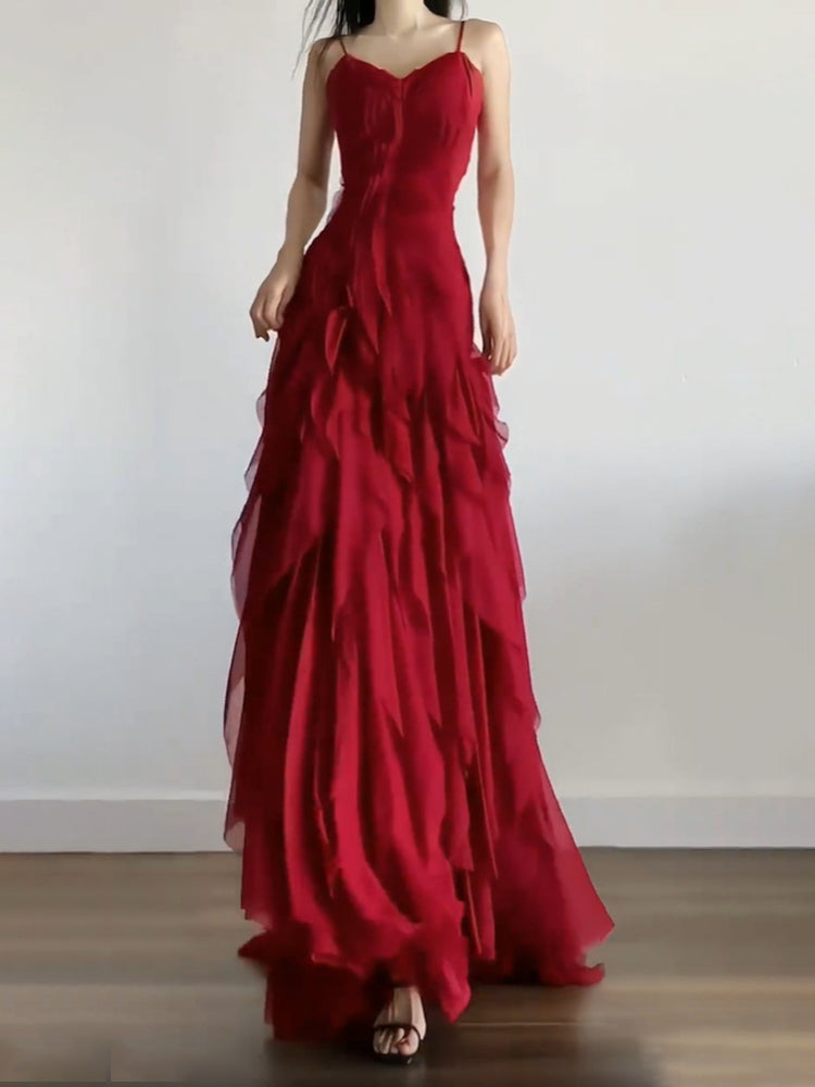 Sexy Mermaid Spaghetti Straps Red Chiffon Ruffles Birthday Dresses Long Prom Dress