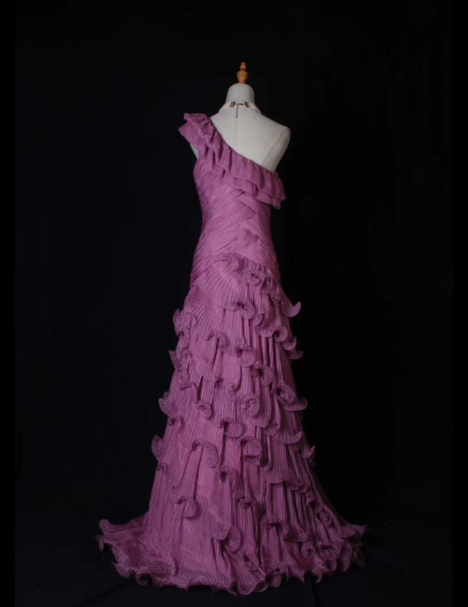 Fairy One Shoulder Purple Chiffon Pleated Ruffles Layered Mermaid Prom Dress Formal Birthday Cake Dress