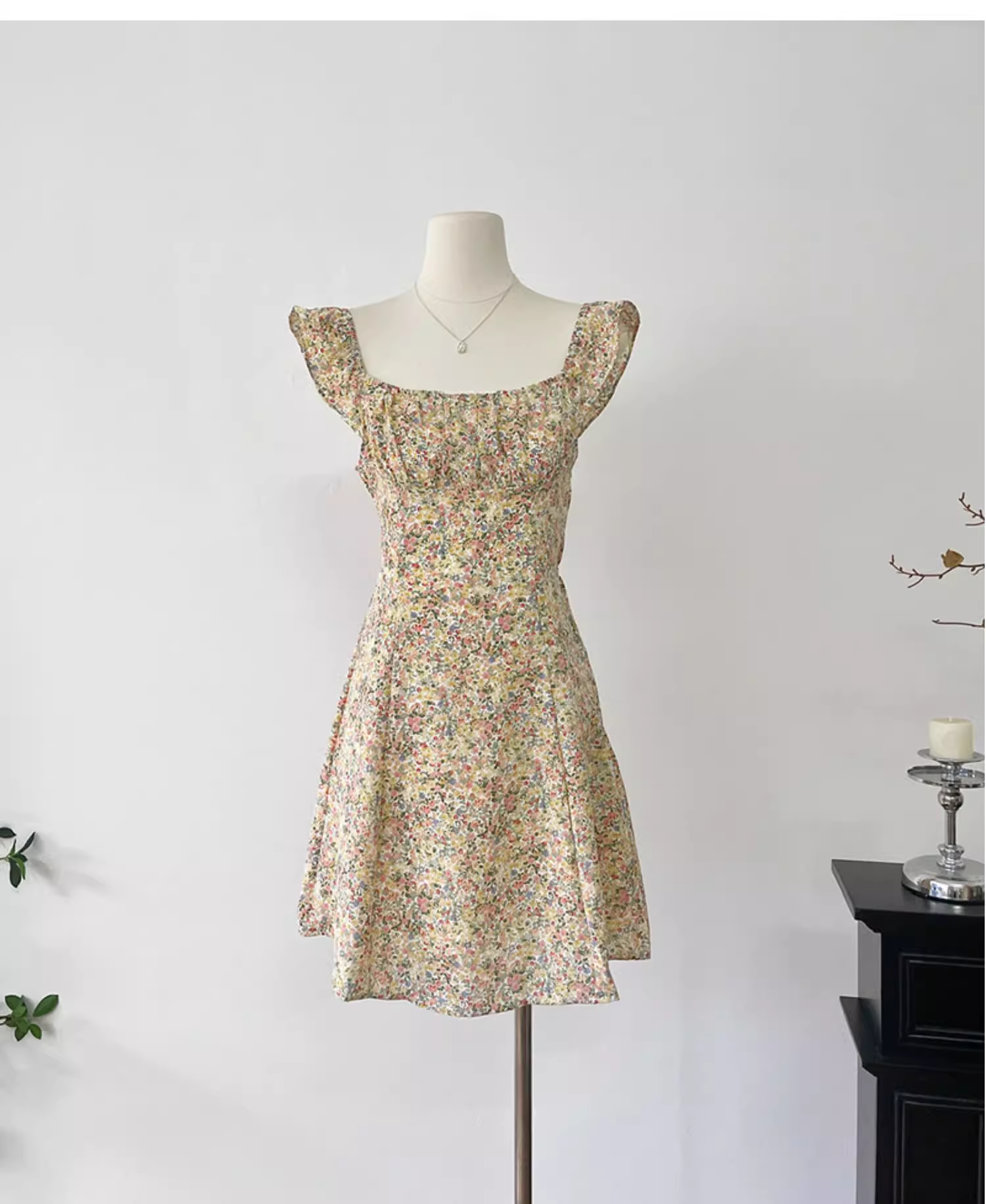 Light Yellow Floral Short Dress Vacation Dress