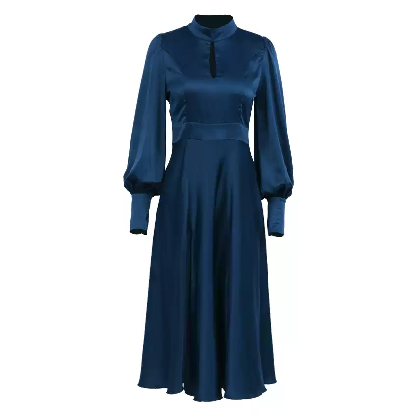 Elegant Simeple Prom Dress With Long Sleeves Split Evening Dress Women's Plain Puff Sleeve O-Neck Long Dress