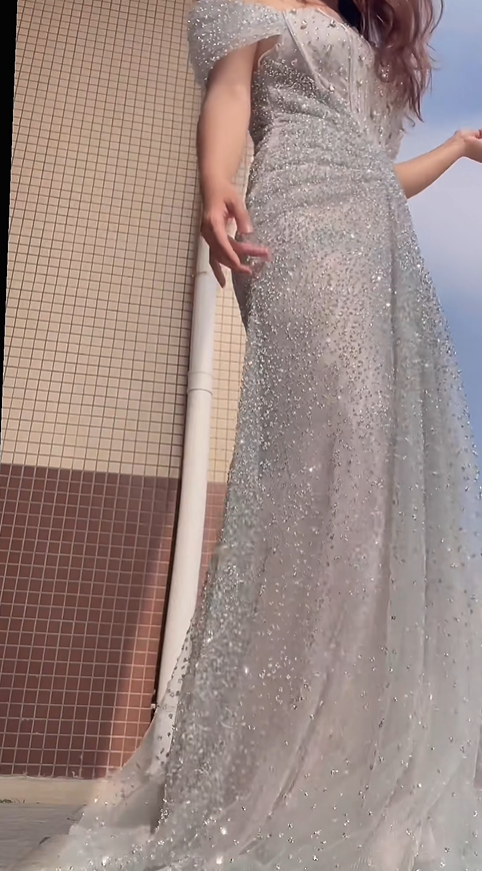 Sparkly Silver Tulle Sequin Beaded Mermaid Long Evening Dress Off The Shoulder Birthday Party Dress