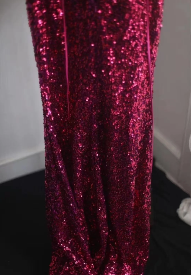 Sparkly Spaghetti Straps Hot Pink Sequin Mermaid Slit Evening Dress Long Wedding Guest Dress