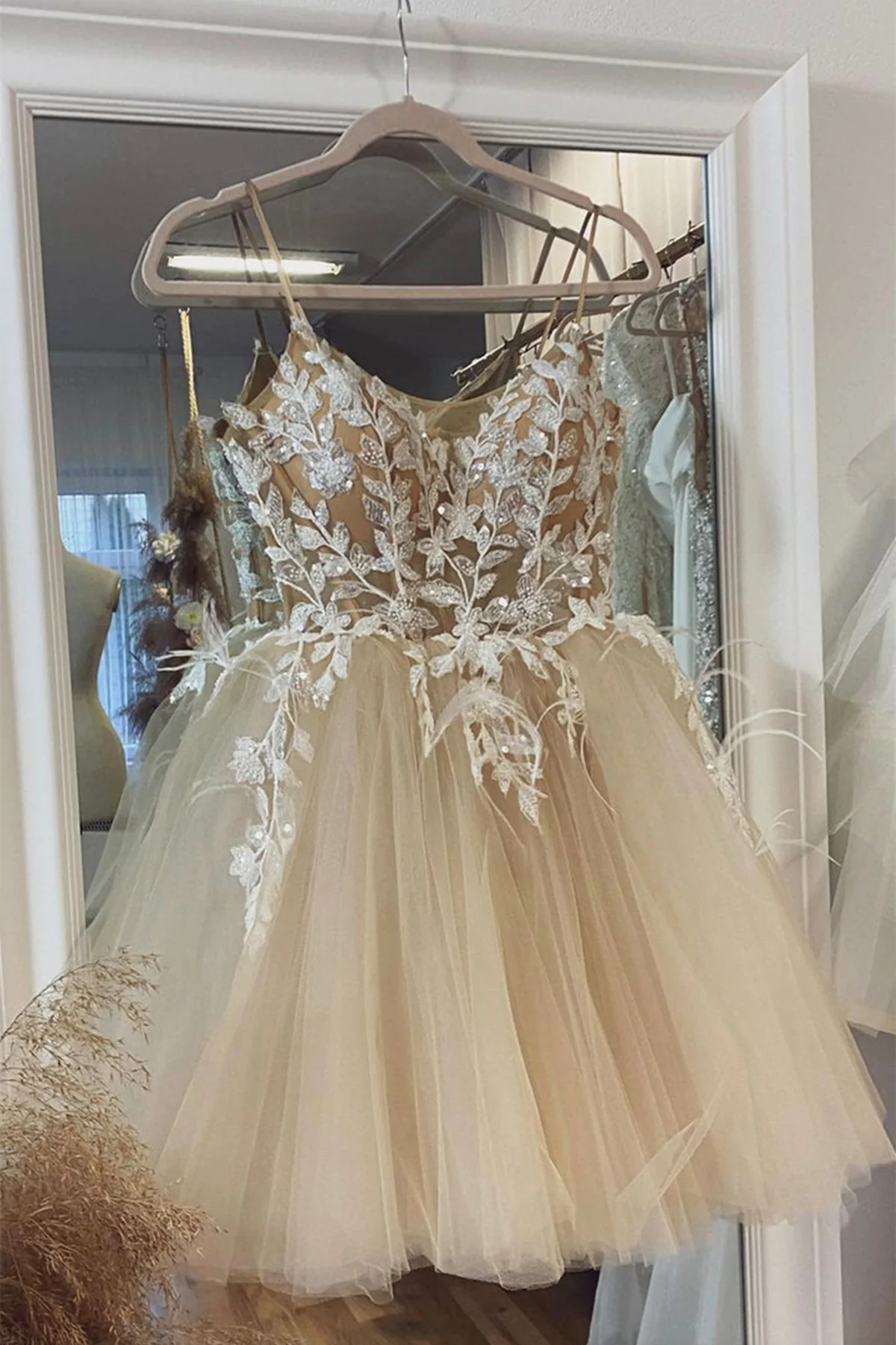 Champagne Tulle Lace Short Homecoming Dresses, Champagne Lace Formal Graduation Evening Dresses