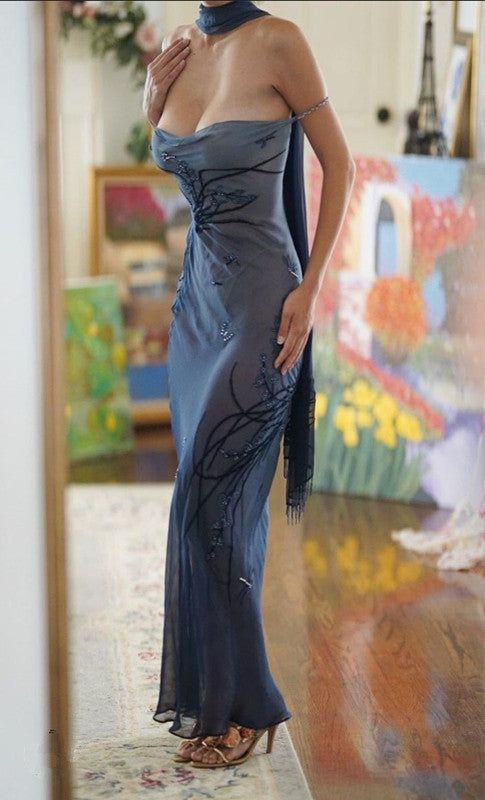 Elegant Blue Mermaid Prom Dress ,Spaghetti Straps Evening Dress